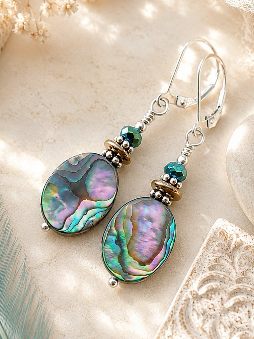 Abalone Earrings With Sterling Silver Leverback Earwires - Picture 8 of 11